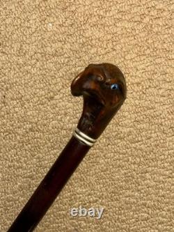 Antique Walking Stick Cane Hand-Carved Eagle Head Top & Silver Collar
