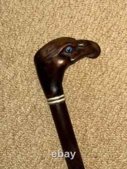 Antique Walking Stick Cane Hand-Carved Eagle Head Top & Silver Collar
