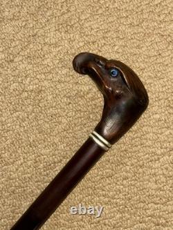 Antique Walking Stick Cane Hand-Carved Eagle Head Top & Silver Collar