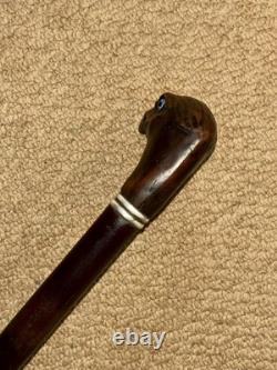 Antique Walking Stick Cane Hand-Carved Eagle Head Top & Silver Collar