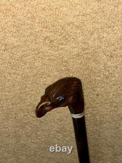 Antique Walking Stick Cane Hand-Carved Eagle Head Top & Silver Collar