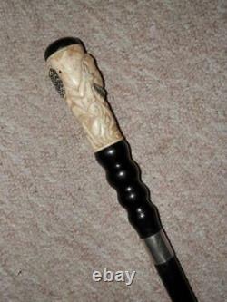 Antique Walking Stick/Cane Hand-Carved Egyptian Top With Silver Collar 92cm