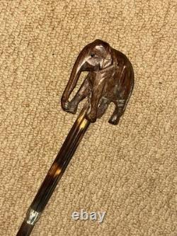 Antique Walking Stick Cane Hand Carved Elephant Handle & Sterling Silver Collars
