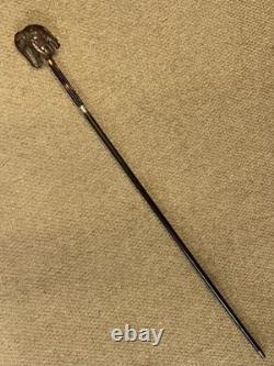 Antique Walking Stick Cane Hand Carved Elephant Handle & Sterling Silver Collars