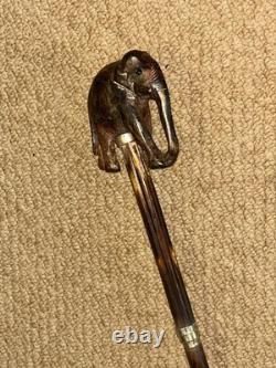 Antique Walking Stick Cane Hand Carved Elephant Handle & Sterling Silver Collars