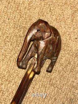 Antique Walking Stick Cane Hand Carved Elephant Handle & Sterling Silver Collars Antique Walking Stick Cane Hand Carved Elephant Handle & Sterling Silver Collars