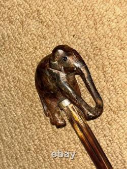 Antique Walking Stick Cane Hand Carved Elephant Handle & Sterling Silver Collars