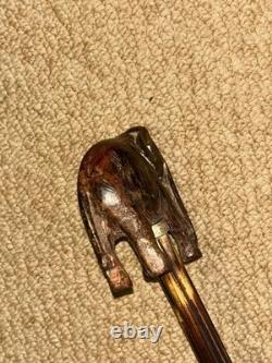 Antique Walking Stick Cane Hand Carved Elephant Handle & Sterling Silver Collars
