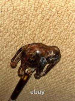 Antique Walking Stick Cane Hand Carved Elephant Handle & Sterling Silver Collars