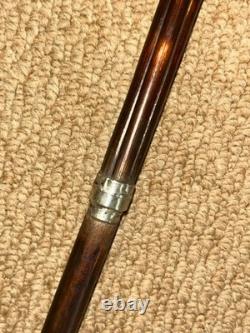 Antique Walking Stick Cane Hand Carved Elephant Handle & Sterling Silver Collars