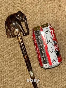 Antique Walking Stick Cane Hand Carved Elephant Handle & Sterling Silver Collars