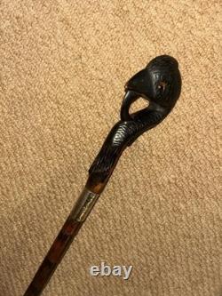 Antique Walking Stick Cane Hand-Carved Exotic Bird & Hallmarked Silver Collar