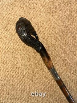 Antique Walking Stick Cane Hand-Carved Exotic Bird & Hallmarked Silver Collar