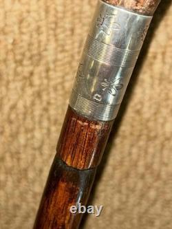 Antique Walking Stick Cane Hand-Carved Exotic Bird & Hallmarked Silver Collar