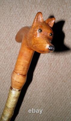 Antique Walking Stick / Cane Hand-Carved Fox Head Handle Silver Birch Bark Shaft