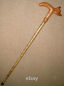 Antique Walking Stick / Cane Hand-Carved Fox Head Handle Silver Birch Bark Shaft