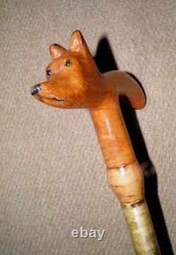 Antique Walking Stick / Cane Hand-Carved Fox Head Handle Silver Birch Bark Shaft