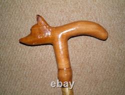 Antique Walking Stick / Cane Hand-Carved Fox Head Handle Silver Birch Bark Shaft