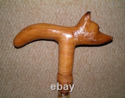 Antique Walking Stick / Cane Hand-Carved Fox Head Handle Silver Birch Bark Shaft