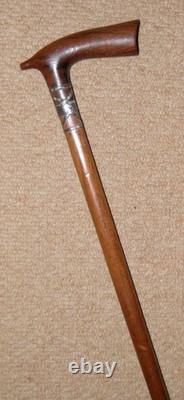 Antique Walking Stick / Cane Hand-Carved Fritz Handle Decorative Steel Collar