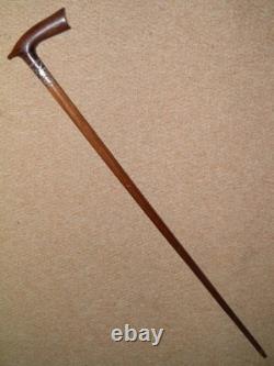 Antique Walking Stick / Cane Hand-Carved Fritz Handle Decorative Steel Collar