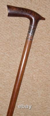 Antique Walking Stick / Cane Hand-Carved Fritz Handle Decorative Steel Collar