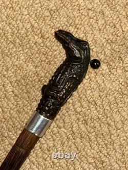 Antique Walking Stick Cane Hand-Carved Gadget Tongue Crocodile & Chinese Silver