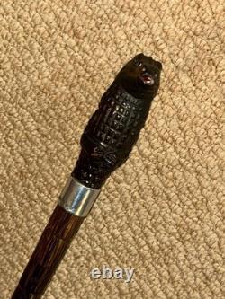 Antique Walking Stick Cane Hand-Carved Gadget Tongue Crocodile & Chinese Silver