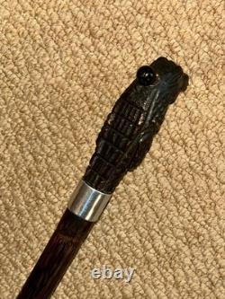Antique Walking Stick Cane Hand-Carved Gadget Tongue Crocodile & Chinese Silver