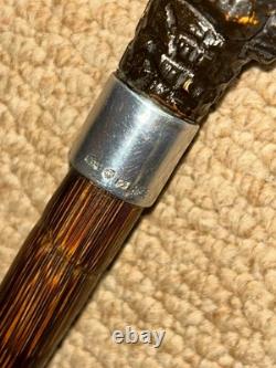 Antique Walking Stick Cane Hand-Carved Gadget Tongue Crocodile & Chinese Silver