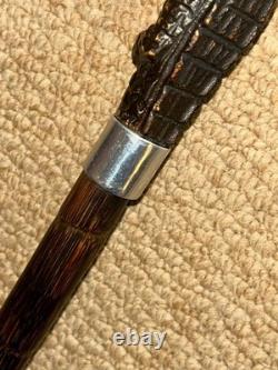 Antique Walking Stick Cane Hand-Carved Gadget Tongue Crocodile & Chinese Silver