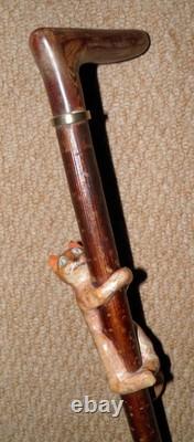 Antique Walking Stick / Cane Hand-Carved Ginger Cat On Shaft Yellow Metal Collar