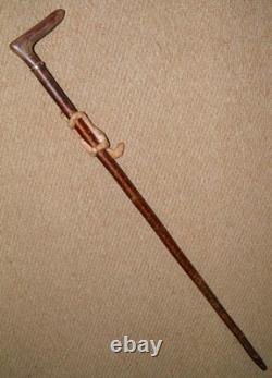 Antique Walking Stick / Cane Hand-Carved Ginger Cat On Shaft Yellow Metal Collar