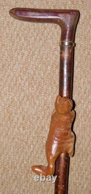 Antique Walking Stick / Cane Hand-Carved Ginger Cat On Shaft Yellow Metal Collar