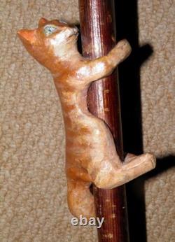 Antique Walking Stick / Cane Hand-Carved Ginger Cat On Shaft Yellow Metal Collar