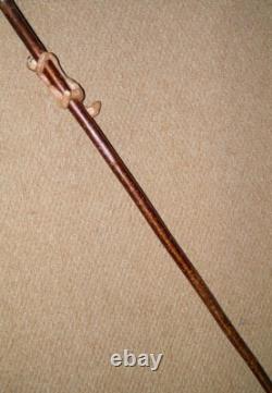 Antique Walking Stick / Cane Hand-Carved Ginger Cat On Shaft Yellow Metal Collar