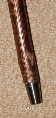 Antique Walking Stick / Cane Hand-Carved Ginger Cat On Shaft Yellow Metal Collar