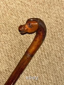 Antique Walking Stick Cane Hand-Carved Horse Crook Handle Hand & Snake Shaft