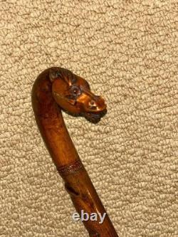 Antique Walking Stick Cane Hand-Carved Horse Crook Handle Hand & Snake Shaft