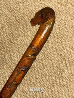 Antique Walking Stick Cane Hand-Carved Horse Crook Handle Hand & Snake Shaft