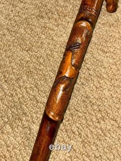 Antique Walking Stick Cane Hand-Carved Horse Crook Handle Hand & Snake Shaft