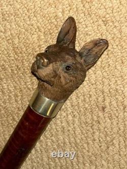 Antique Walking Stick Cane Hand-Carved Intricate Alsatian Top & Silver Collar