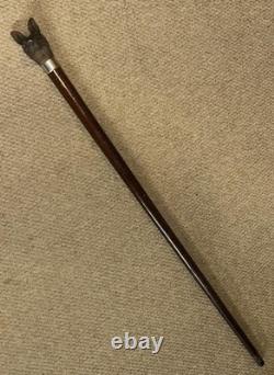 Antique Walking Stick Cane Hand-Carved Intricate Alsatian Top & Silver Collar