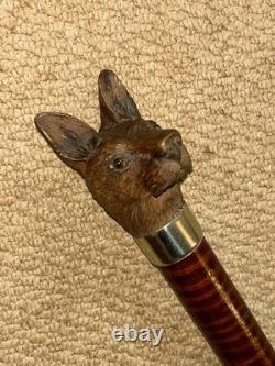 Antique Walking Stick Cane Hand-Carved Intricate Alsatian Top & Silver Collar