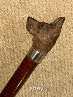 Antique Walking Stick Cane Hand-Carved Intricate Alsatian Top & Silver Collar