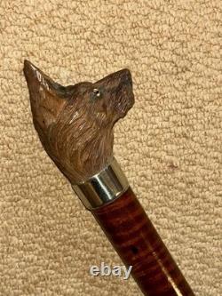 Antique Walking Stick Cane Hand-Carved Intricate Alsatian Top & Silver Collar