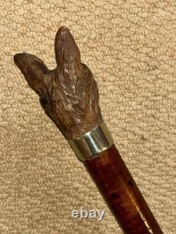 Antique Walking Stick Cane Hand-Carved Intricate Alsatian Top & Silver Collar