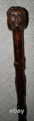Antique Walking Stick / Cane Hand Carved Lady's Head Shaft With Carved Snakes