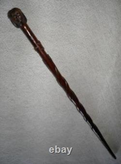 Antique Walking Stick / Cane Hand Carved Lady's Head Shaft With Carved Snakes