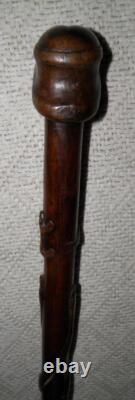Antique Walking Stick / Cane Hand Carved Lady's Head Shaft With Carved Snakes